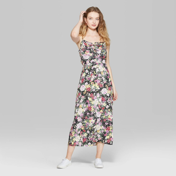 Floral Print Strappy Tie Front Midi Slip Dress - Picture 1 of 3